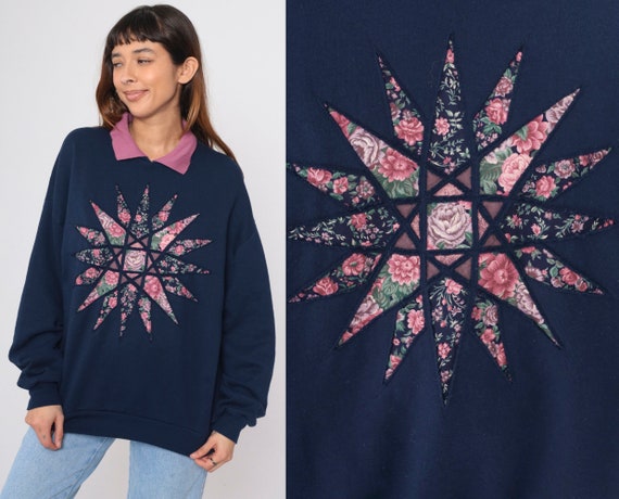 Floral Collared Sweatshirt 90s Starburst Applique Navy Blue Rose Sweatshirt Retro Shabby Chic Slouchy Graphic Vintage 1990s Extra Large xl