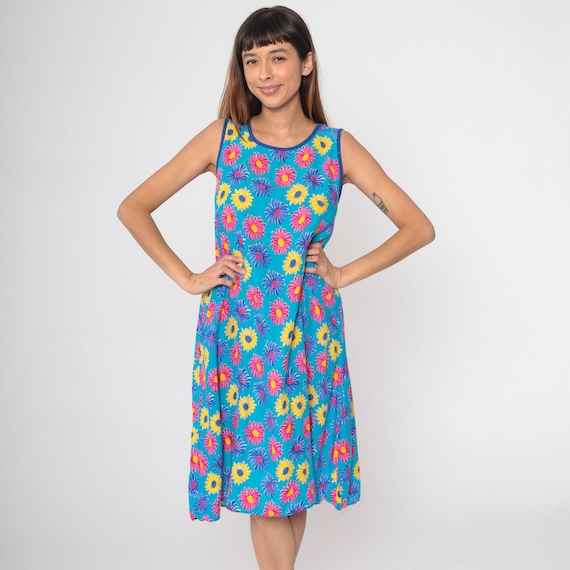 Daisy Print Dress 80s Blue Floral Midi Dress Sleeveless Shift Sundress Retro Summer Flower Power Sun Vintage 1980s Pink Yellow Small Medium