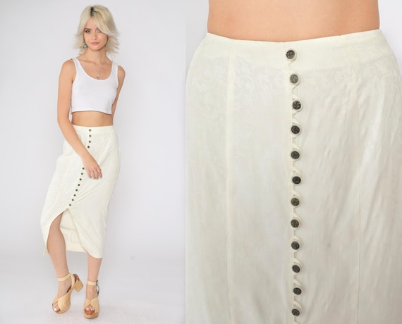 90s Embossed Button Up Skirt Cream Floral Midi Skirt Pencil Skirt Textured Flower Print 1990s Long Vintage Front Slit Festival Small
