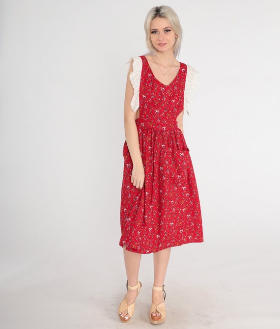 Holiday Apron Dress 80s Red Eyelet Lace Pinafore Christmas Open Back Ditsy Bear Train Drum Print Uniform Jumper Dress Vintage 1980s Medium M