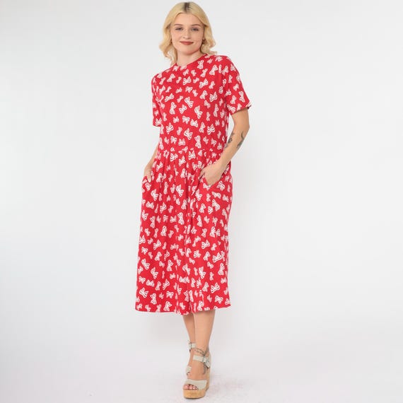 Vintage Bow Print Dress 90s Red Midi Dress Pleated Short Sleeve Button Back Day Dress Casual Girly Elastic Waist Pockets 1990s Small Petite