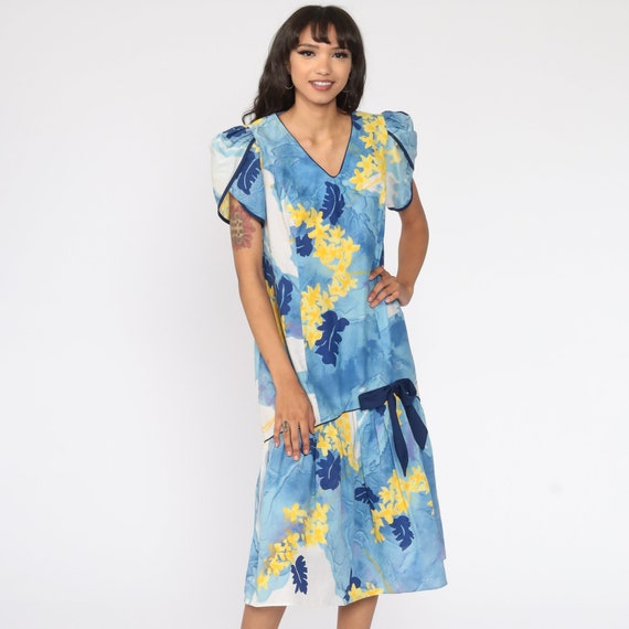 Hawaiian Midi Dress 70s Ruffle Floral Dress Puff … - image 3