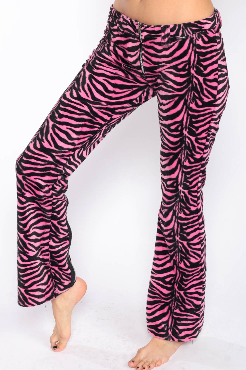 pink sheer pants with fur trim