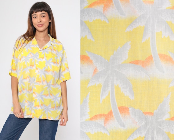 Tropical Hawaiian Shirt 80s Yellow Palm Tree Shirt Surfer Button Up Shirt 1980s Summer Top Beach Surf Shirt Chest Pocket Grey Men's Large L