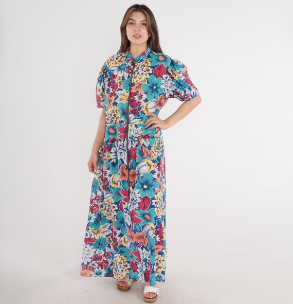 1930s Floral Gown Dress Tropical Maxi Vintage Short Puff Sleeve Dressing Gown Hawaiian Robe Dress Long Hawaiian Tiki Caftan Dress Large xl