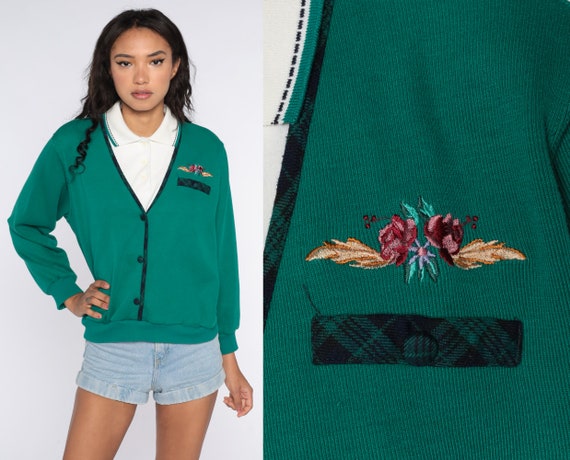 Embroidered Floral Sweatshirt 80s 2fer Sweater Green Nerd Sweatshirt Button up Cardigan Slouchy 1980s Pullover Vintage Cozy 90s Large L