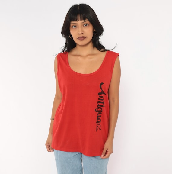 90s Red Sleeveless Tank Top Graphic Antigua Caribbean Island Souvenir Travel Tourist Black Script Fit Summer Beach Vintage Womens Large L