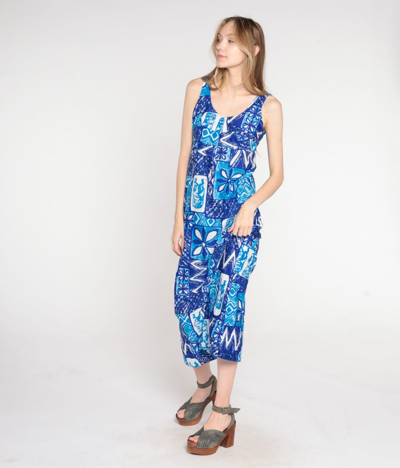 Blue Hawaiian Maxi Dress 70s Tropical Floral Tiki Print Long Dress ...
