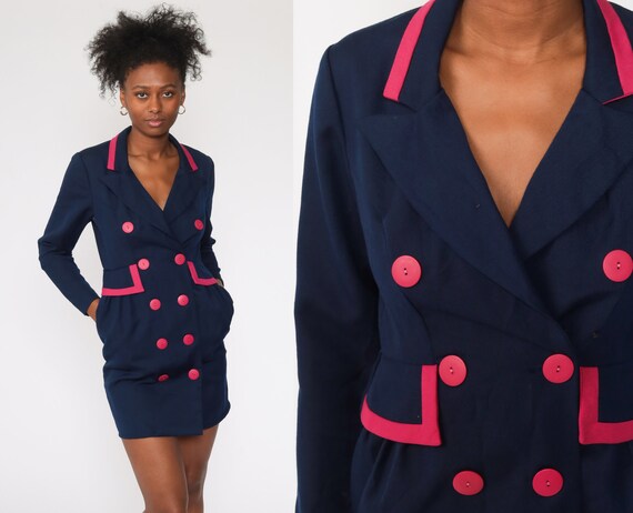 80s Jacket Dress Navy Blue Hot Pink Mini Vintage … - image 1