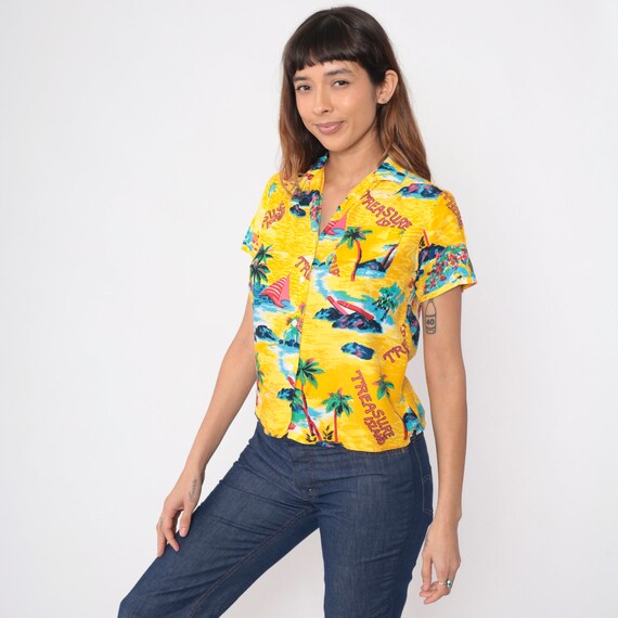 90s Tropical Shirt Treasure Island Palm Tree Print Sailboat Hawaiian Blouse Bright Yellow Button Up Shirt 1990s Beach Vacation Small