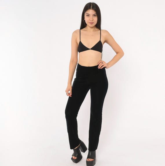 Tripp NYC Velvet Pants 90s Black Stretch Slim Straight Leg Low Rise Goth Club Punk Daang Goodman Trouser Slacks Vintage Womens Small S