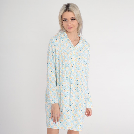 70s Pajama Dress Checkered Fleece Floral Mini Nightgown Lingerie Dress Button Up Nightie Collared Lounge White Blue Vintage 1970s Medium 36