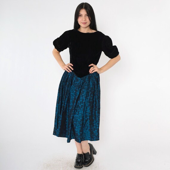 Vintage Velvet Jacquard Dress 80s Puff Sleeve Taffeta Bow Back Party Dress 1980s Black Blue Floral Midi Evening V Back Small 6
