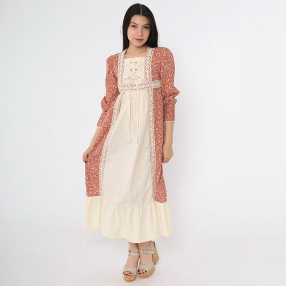 Vintage 70s Prairie Dress Burnt Orange Calico Floral Midi Retro Lace Up Long Puff Sleeve Bohemian Cottagecore Hippie 1970s Small Petite