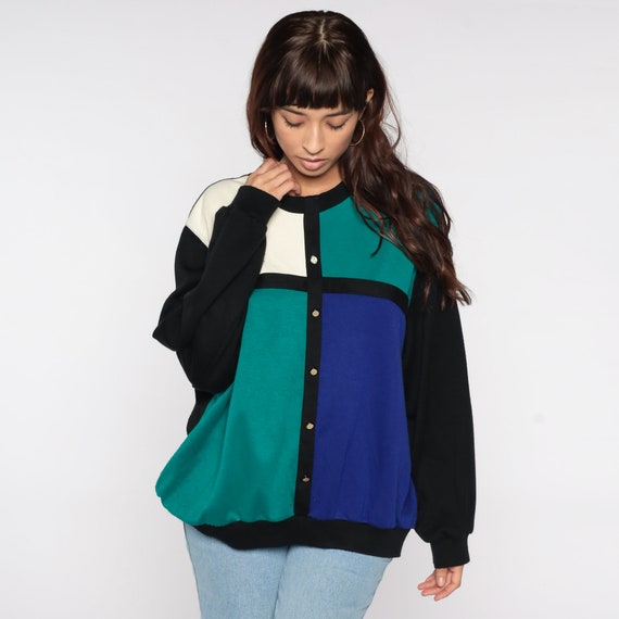 80s Color Block Sweatshirt Black Green Blue White… - image 5