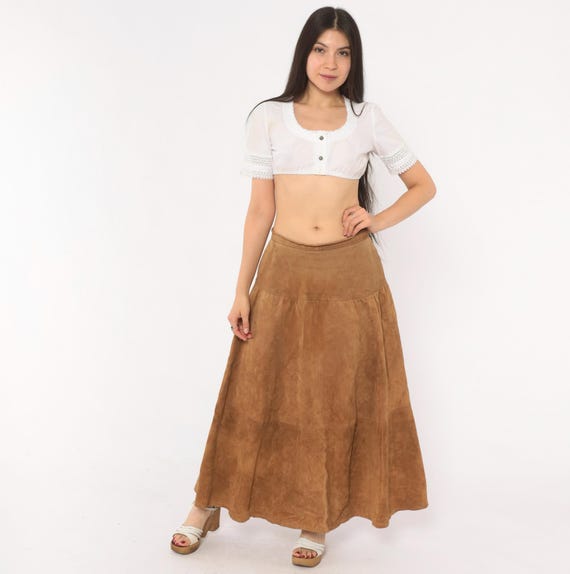 90s Suede Maxi Skirt Tan Full Sweep Tiered Camel Leather Prairie Western Sand Flared Drop Waist Brown Vintage JH Collectibles Medium M