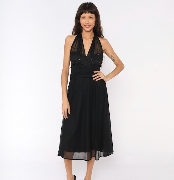 90s Sparkle Mesh Halter Dress Black Glitter Sheer Neckline Deep V Plunge Midi Chiffon Cocktail Evening Open Back Party Vintage Medium M