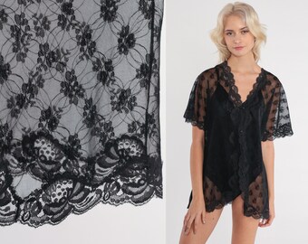 Black Lace Robe 70s Lingerie Jacket Sheer Floral Button up Kimono Robe Short Sleeve Mini Lingerie Nylon Boudoir Boho 1970s Vintage Medium M