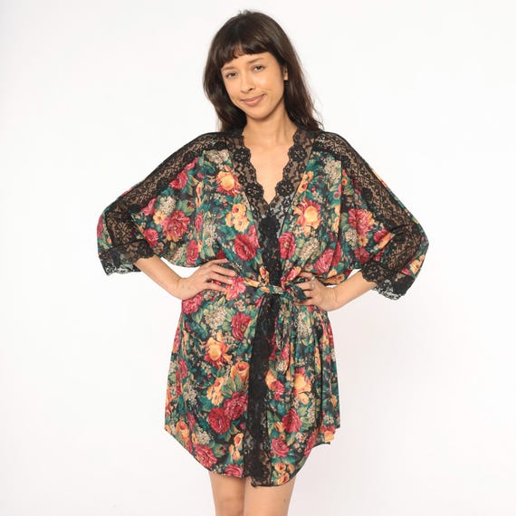 Floral Lace Robe 90s Black Rose Print Kimono Wrap Lingerie Duster Trim Romantic Victorian Loungewear Silky Housecoat Plus Size Three X 3X