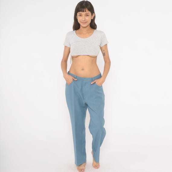 70s Slate Blue Trousers Scandia Woods Straight Leg Pants Powder Flat Front Slacks Chevron Stitch Pocket Casual Mens Corporate Vintage 36 M