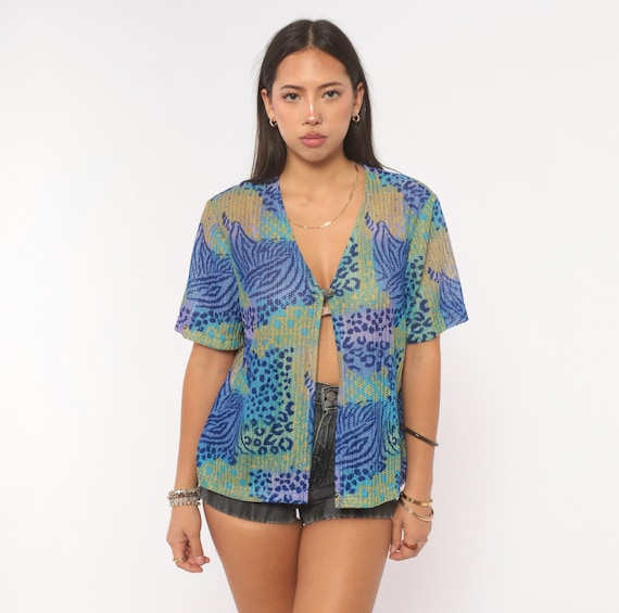 90s Sheer Mesh Top Blue Tropical Leaf Leopard Print Button Front Cardigan V Neck Short Sleeve Patchwork Teal Blouse Vintage Medium Large M L