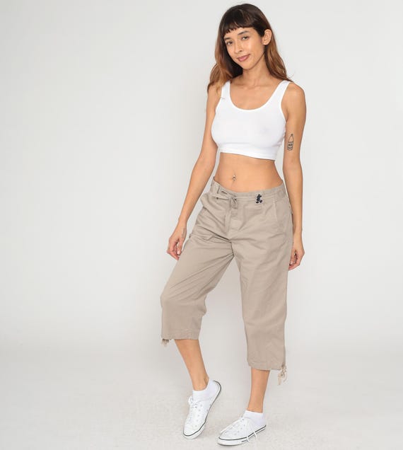Mickey Mouse Capri Pants Y2K Disney World Beige Tan Cotton Drawstring Elastic Waist Cargo Pockets Ties Casual Vintage Utility Khaki Large L