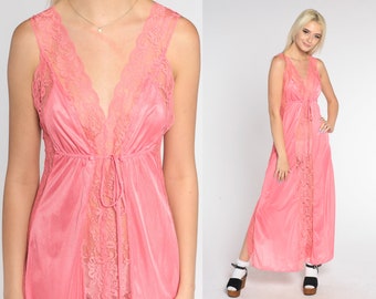 Bright Pink Nightgown 70s Sheer Floral Lace Slip Maxi Lingerie Dress Retro Empire Waist V Neck Low Back Long Romantic Vintage 1970s Small S