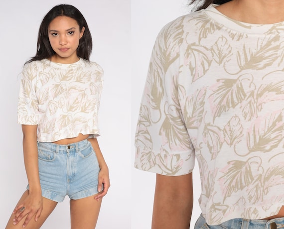 Leaf Crop Top White Cropped T Shirt 80s 90s Nature Print TShirt Grunge Retro Tee Short Sleeve Vintage Basic Tan Shirt 1990s Summer Small S