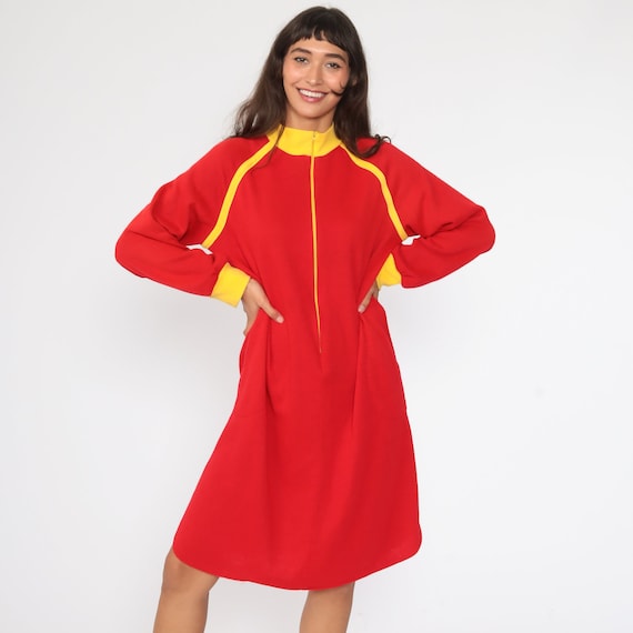 Pajama Dress Nightie Dress Red Nightgown 80s Mini Mock Neck Zip Up Dress Lounge Raglan Night Sleep Retro Vintage Small Medium Large