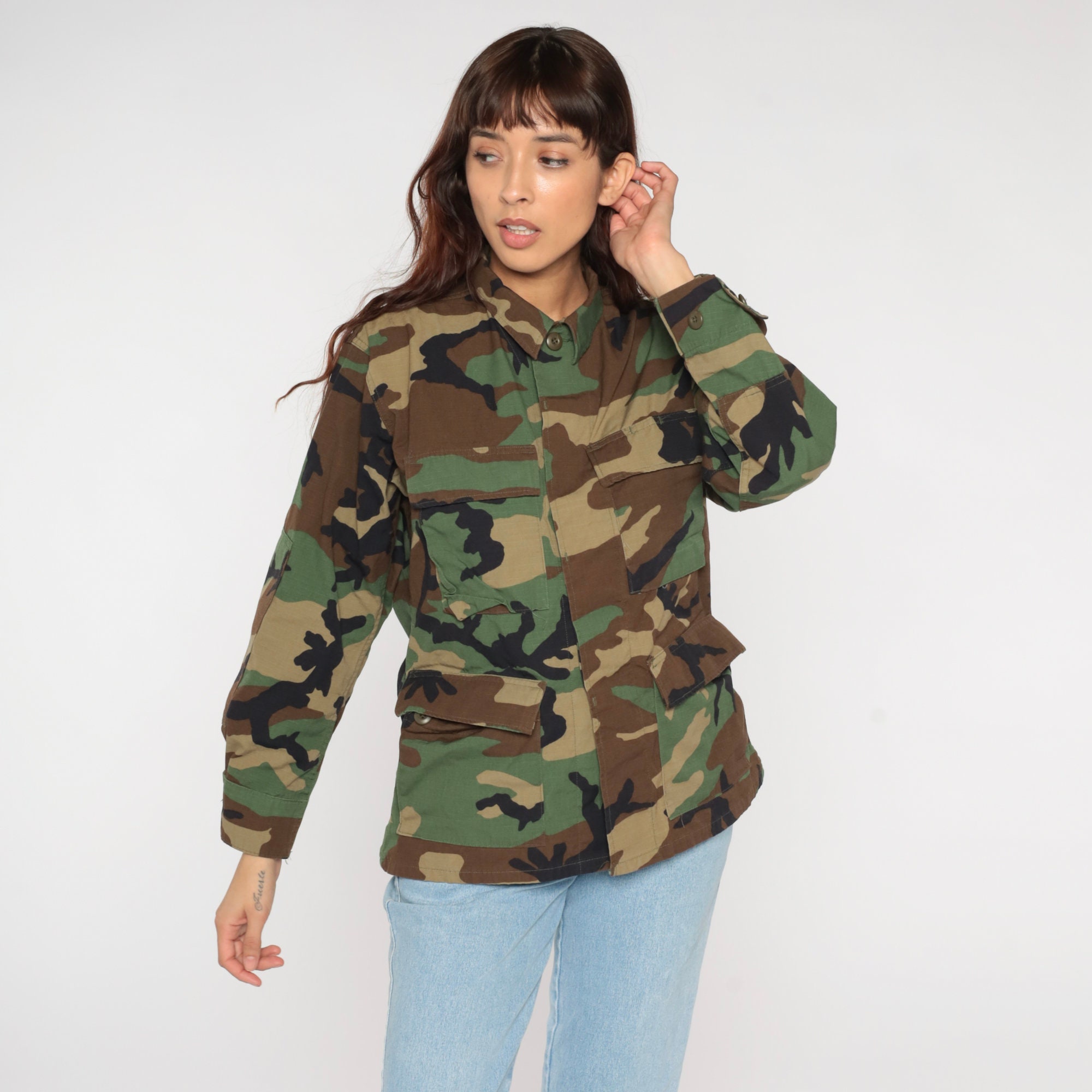 Army Shirt 90s Camo Jacket Green Button Up US Camouflage Military ...