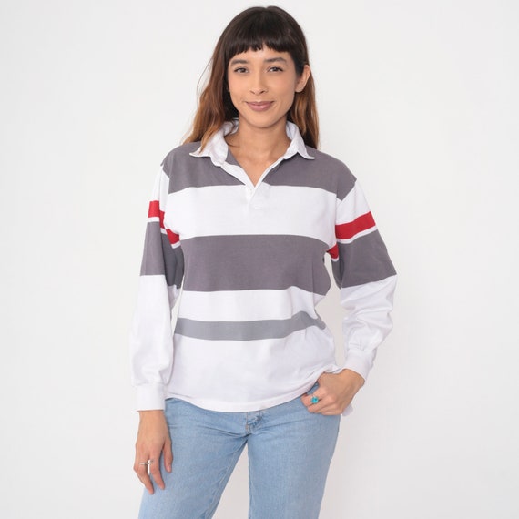 Striped Rugby Shirt 90s White Grey Polo Shirt Lon… - image 5