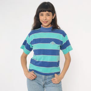 90s Quiksilver ボーダー Tシャツ USA製 old surf 90s Quiksilver Striped Shirt Blue Teal Pink Collar Shirt Cropped