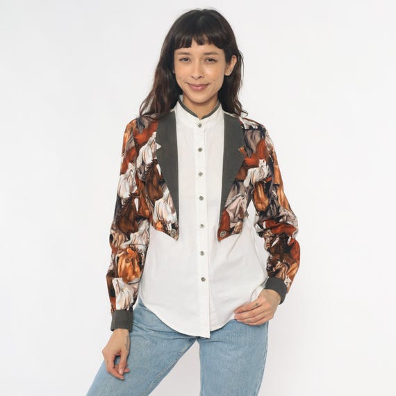 Western Horse Shirt 90s Cowgirl Print Equestrian Long Sleeve Cotton Blouse White Vintage Black Collar Novelty Animal Ranch Roughrider Small