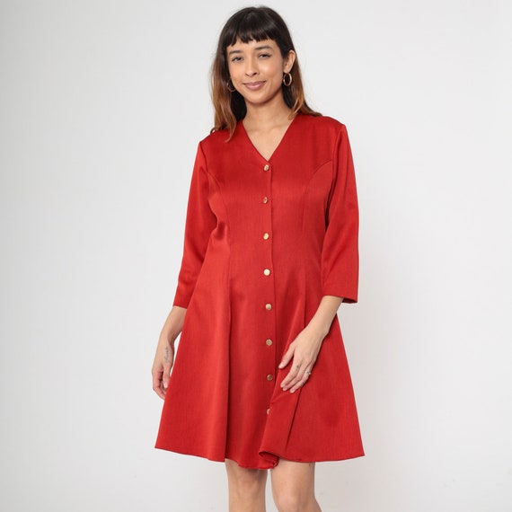 Red Mini Dress 80s A-line Fit and Flare Plain Button Up Dress Shirtdress Vintage Long 3/4 Sleeve Shirt Dress Shift Casual V Neck  Large 12