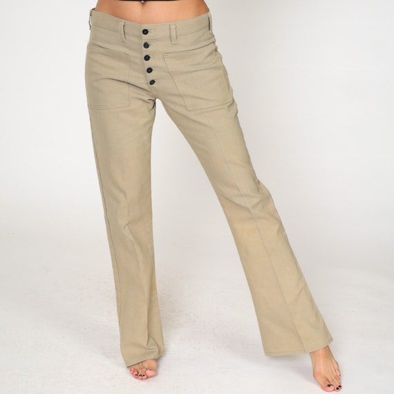 70s Flared Trousers Tan Exposed Button Fly Bell Bottom Pants Mid Rise Flares Creased Slacks Khaki Hippie Bohemian Vintage 1970s Medium