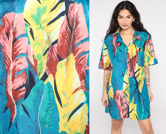 Tropical Leaf Shirt Surfer Blue HAWAIIAN Blouse 80s Top Leaf Print Button Up Short Sleeve Surf 90s Vintage Large xl l