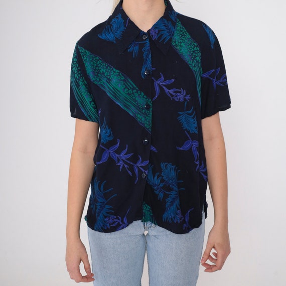 Tropical Leopard Shirt 90s Black Rayon Leaf Print… - image 8