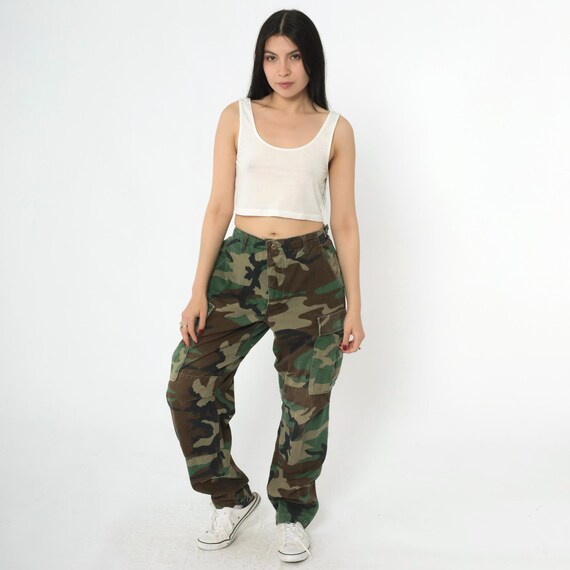 Vintage Camo Cargo Pants 90s Woodland Camouflage Military BDU Adjustable Waist Ripstop Trousers 1990s Utility Small Regular