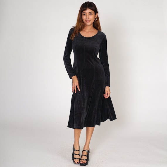 Black Velour Dress y2k Midi Witchy Going Out Dress Long Sleeve Velvet Party Dress Goth Long Sleeve Cocktail Fit and Flare Vintage 00s Small