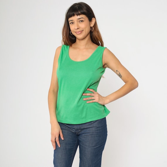 Vintage Bright Green Tank Top 80s Sleeveless Shirt Retro Plain Simple Basic T-Shirt Solid Blank Tee Minimalist TShirt 1980s Medium M