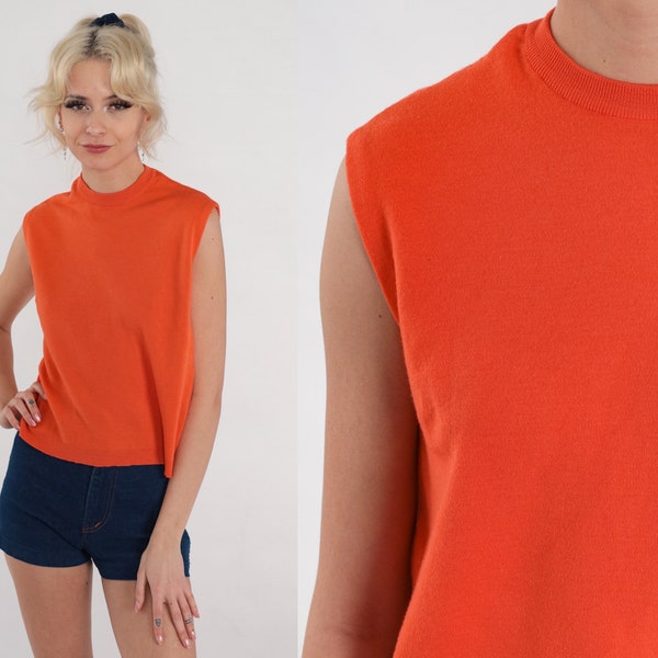 Orange Wool Top 60s Knit Tank Top Mod Blouse Basic Sleeveless Shirt Retro Boxy Plain Simple Girly Sixties Minimalist Vintage 1960s Small S