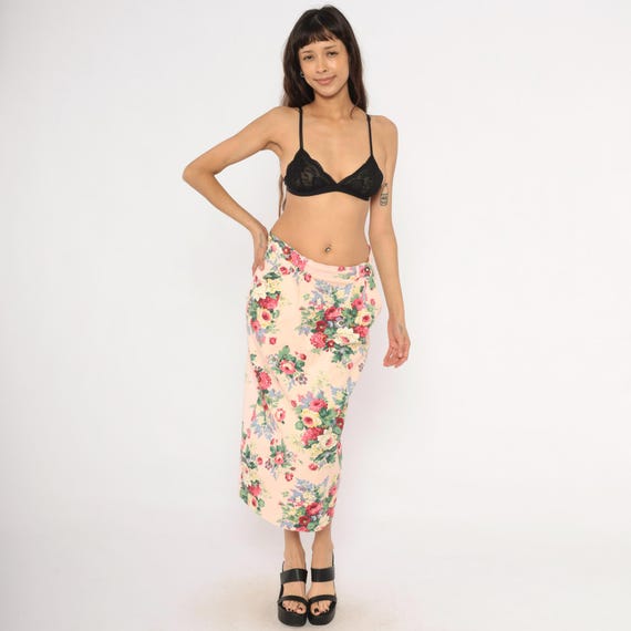 90s Floral Pencil Skirt Pink Rose Cotton Midi Button Waist Cottagecore Prairie Blush Garden Bouquet Fitted Straight Feminine Vintage Large L