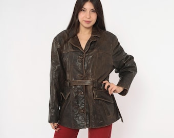 90s Leather Jacket Brown Oakwood Belted Waist Button Front Flap Pocket Chocolate Barn Coat Western Style Womens Moto Grunge Vintage Large