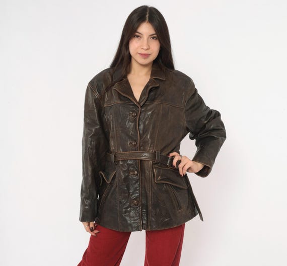 90s Leather Jacket Brown Oakwood Belted Waist Button Front Flap Pocket Chocolate Barn Coat Western Style Womens Moto Grunge Vintage Large