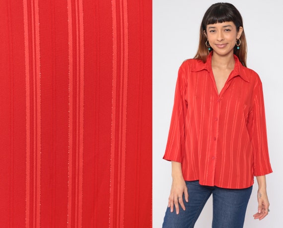 Red Striped Blouse 90s Metallic Button up Shirt Glittery Vertical Stripes Collared V Neck Top 3/4 Sleeve Professional Vintage 1990s Large L