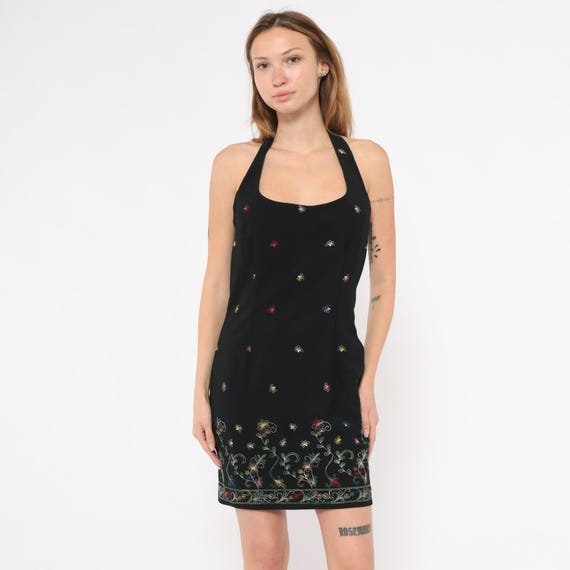 Embroidered Floral Halter Dress 90s Black Mini Flower Border Backless Hugo Buscati Club Going Out Cocktail Party Evening Small Medium S M