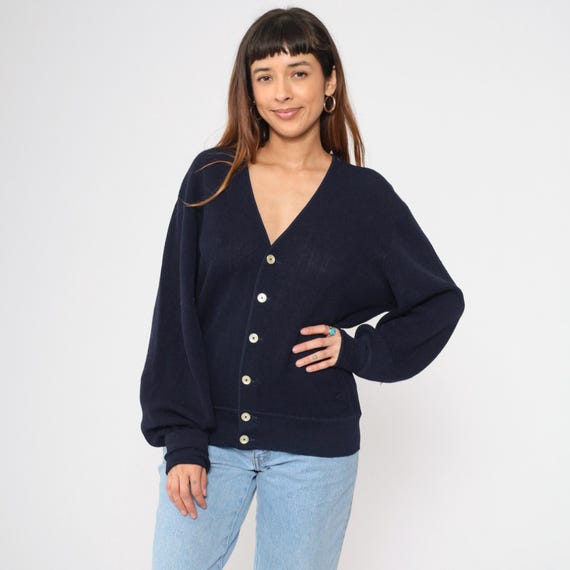 80s Wool Cardigan Sweater Navy Blue Vintage Hippie Knit Button Up V Neck Grandpa Sweater 1980s St. Croix Quanpaca Men's Large