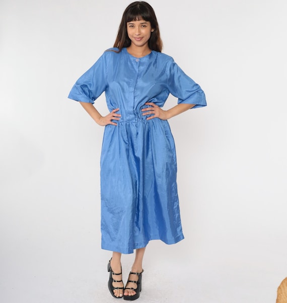 Vintage Shirt Dress 80s Shiny Blue Midi Shirtwaist 1/2 Sleeve Secretary Shirtdress Button Up High Waisted 1980s Vintage Plain Medium Large