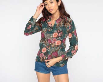 Camicia floreale anni &#39;70 con colletto a pugnale verde, camicetta boho, camicia disco con bottoni, stampa floreale, boho anni &#39;70, hippie, vintage, manica lunga, piccola