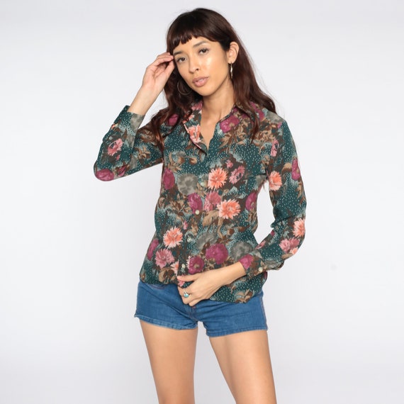 70s Floral Shirt Green Dagger Collar Boho Blouse Disco Shirt Button Up Flower Print Bohemian 1970s Hippie Vintage Long Sleeve Small